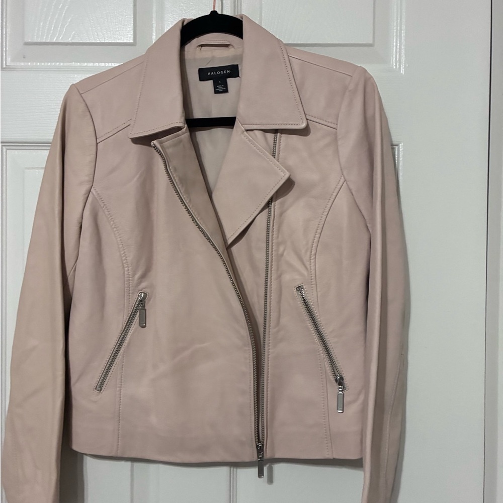 Halogen Blush Pink Leather Moto Jacket